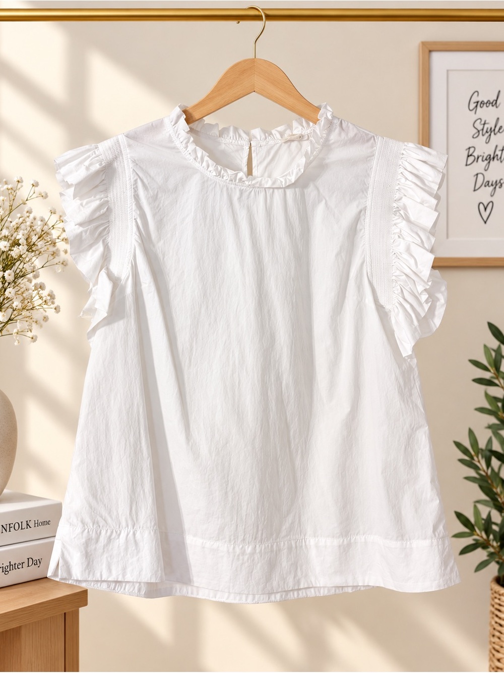 JODIFL Ruffle Sleeve White Cotton Top